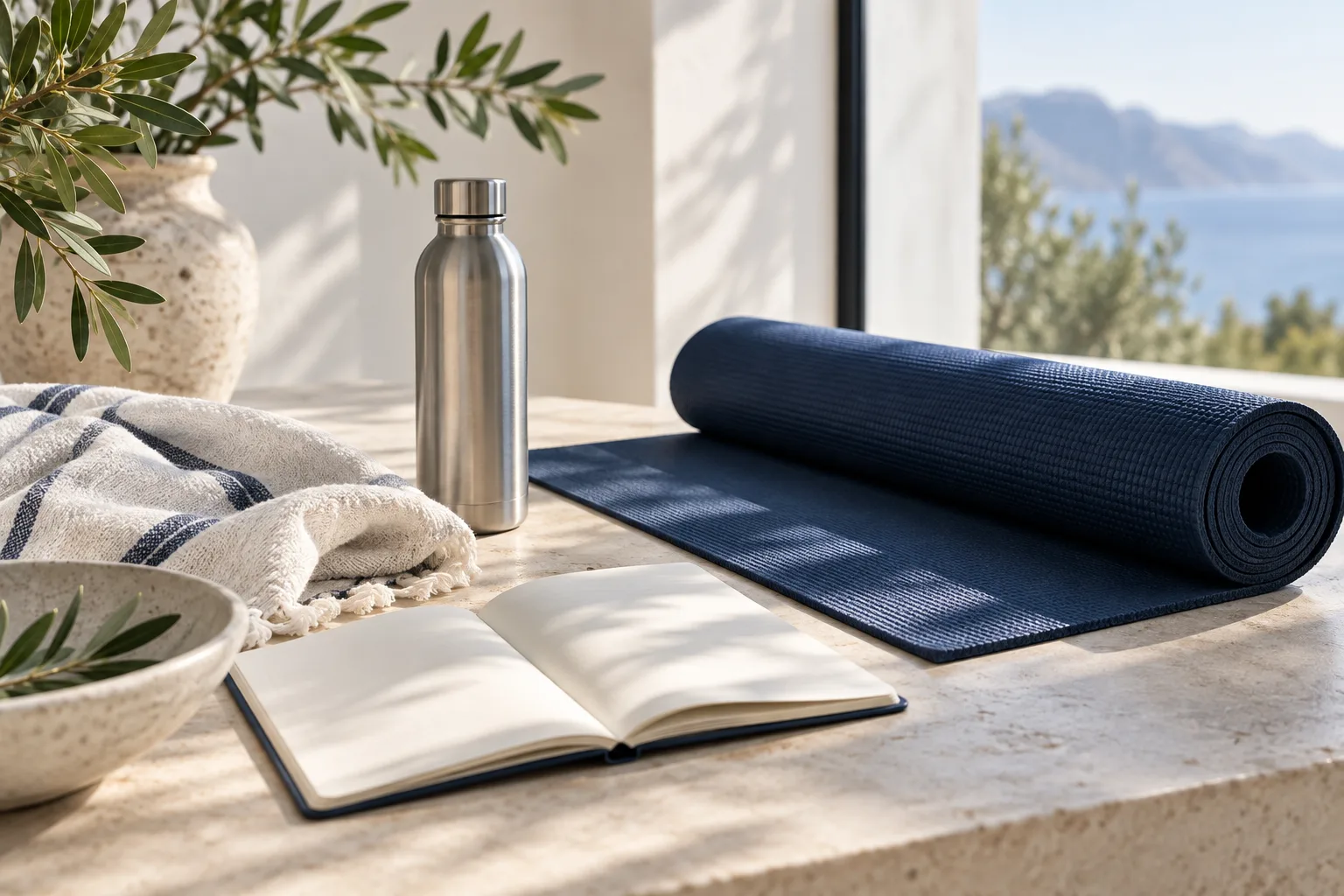 Exercise mat, water bottle and notebook in natural light